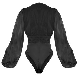 Black Mesh Ruched Waistband Bodysuit